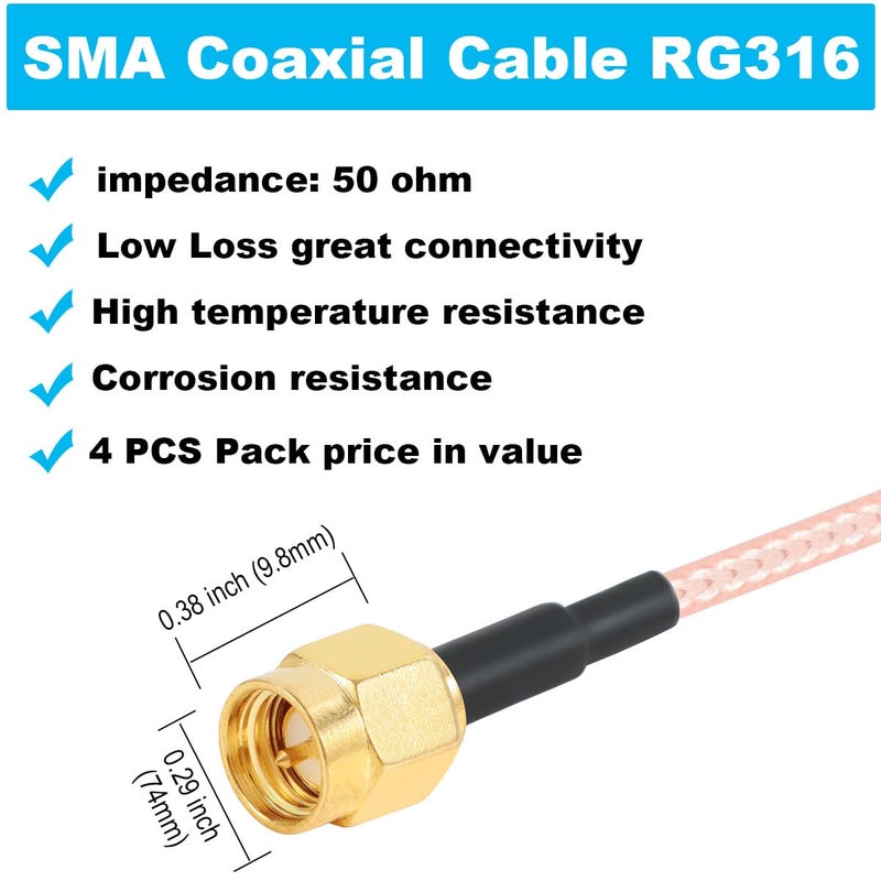 exgoofit SMA Male to SMA Female Bulkhead Mount Cable, 12 inch RG316 Antenna Extension, 4-Pack, Compatible with 4G LTE Router, Cellular SDR USB Dongle Receiver - Image 5